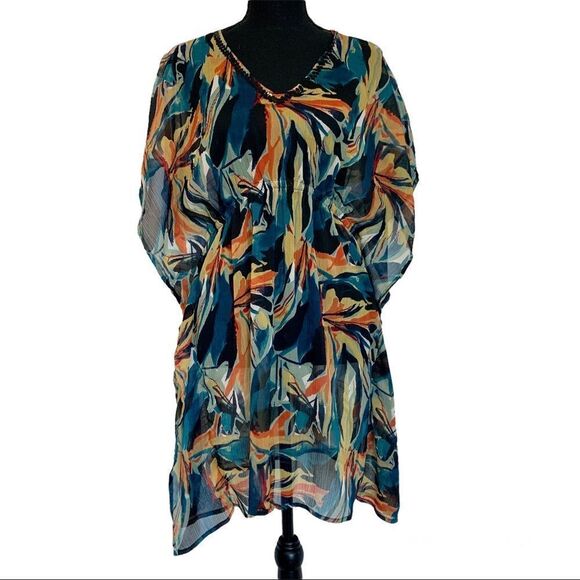 Jessica kimono Kaftan dress beach coverup chiffon short sleeve tropical sequin🔥 - Picture 1 of 12